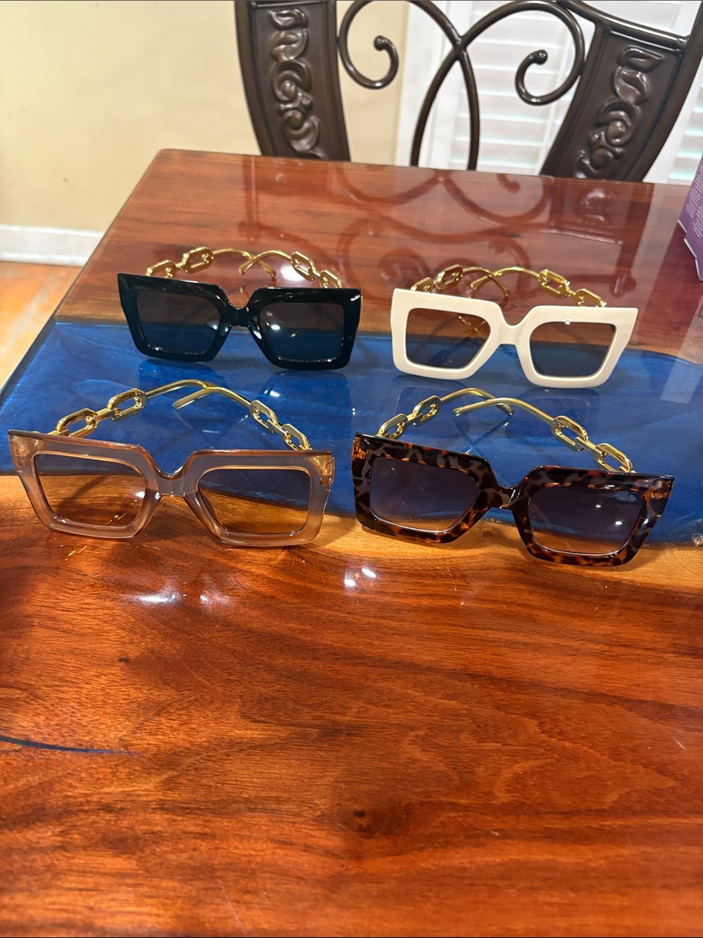 Chunky Chain Square Sunglasses - Black, White, Tortoise, and Brown Options